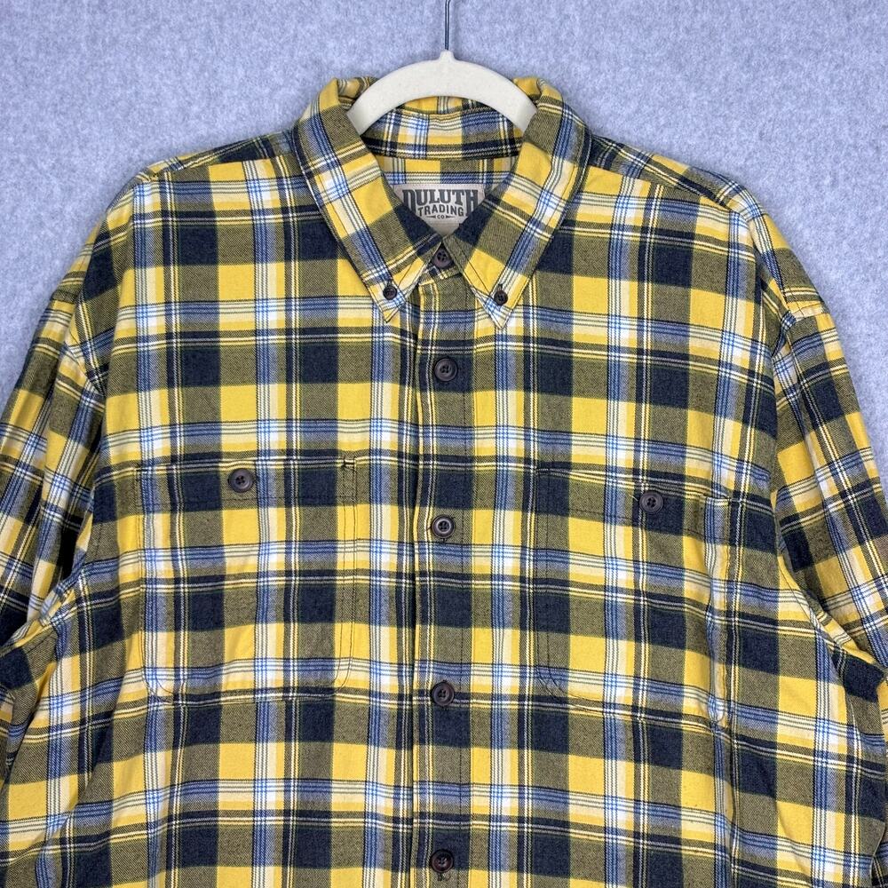 Duluth Trading Co Flannel Shirt Men Large Yellow Cotton Free Swingin Relaxed Fit